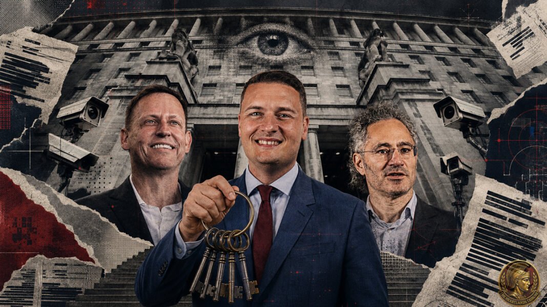 Wes Streeting, Alex Karp and Peter Thiel of Palantir